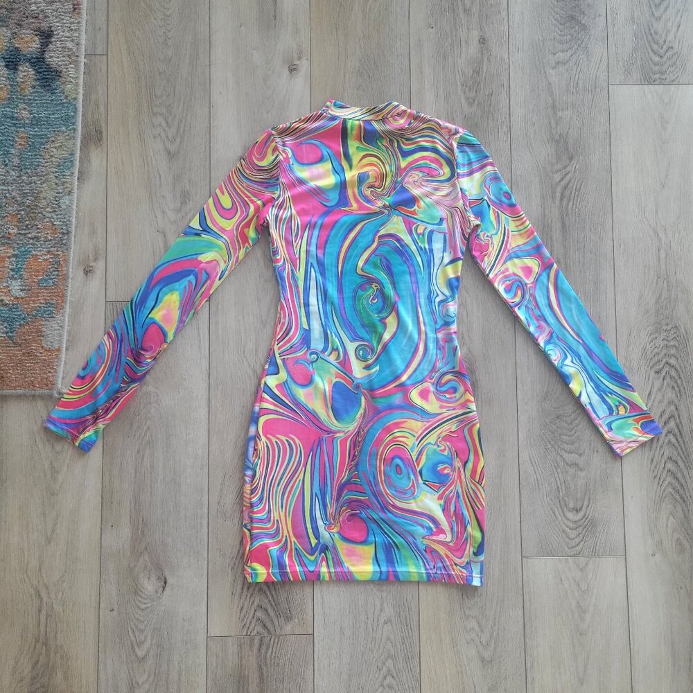 Tie Dye Swirl Psychedelic Long Sleeve Mock Neck Dress